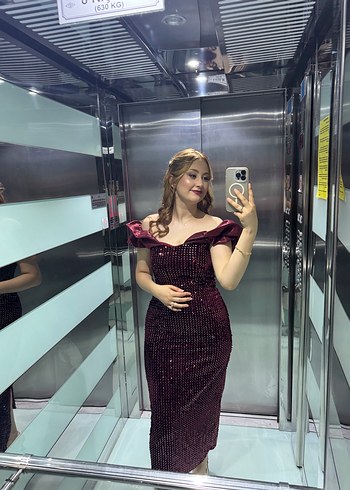 Bordo Straplez Parlak Uzun Abiye Elbise