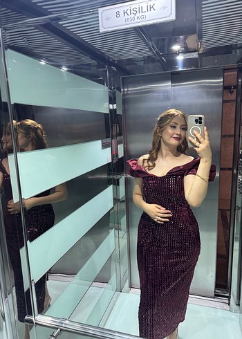 Bordo Straplez Parlak Uzun Abiye Elbise - Görsel 3