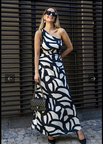 Zebra Desenli Tek Omuz Uzun Elbise - Görsel 2