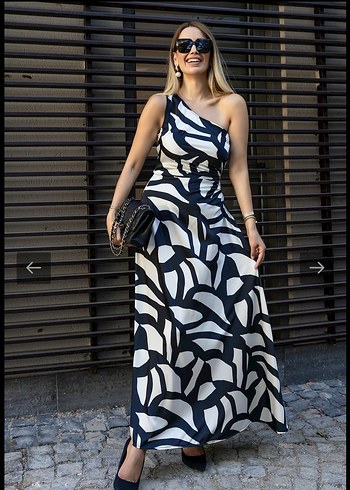 Zebra Desenli Tek Omuz Uzun Elbise - Görsel 3