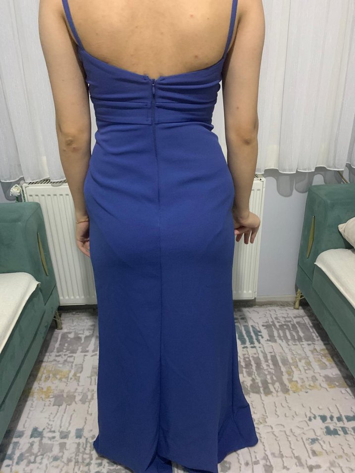 V Yaka Lacivert balık Abiye Elbise - Görsel 2