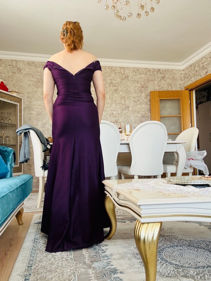 Mor Straplez Drapeli Midi Abiye Elbise - Görsel 2