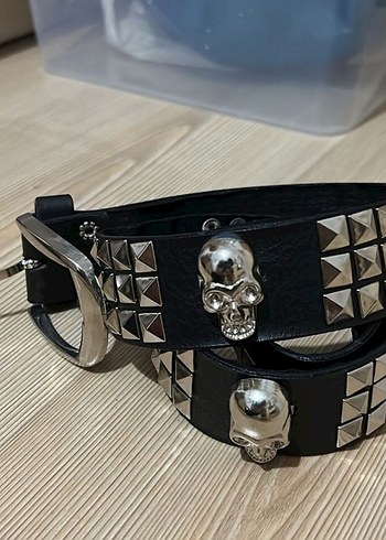 Kafatası Siyah Deri Punk Kemer