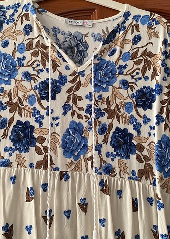 Mavi Çiçek Desenli Uzun Bohem Elbise - Görsel 2