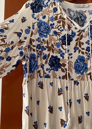 Mavi Çiçek Desenli Uzun Bohem Elbise - Görsel 4