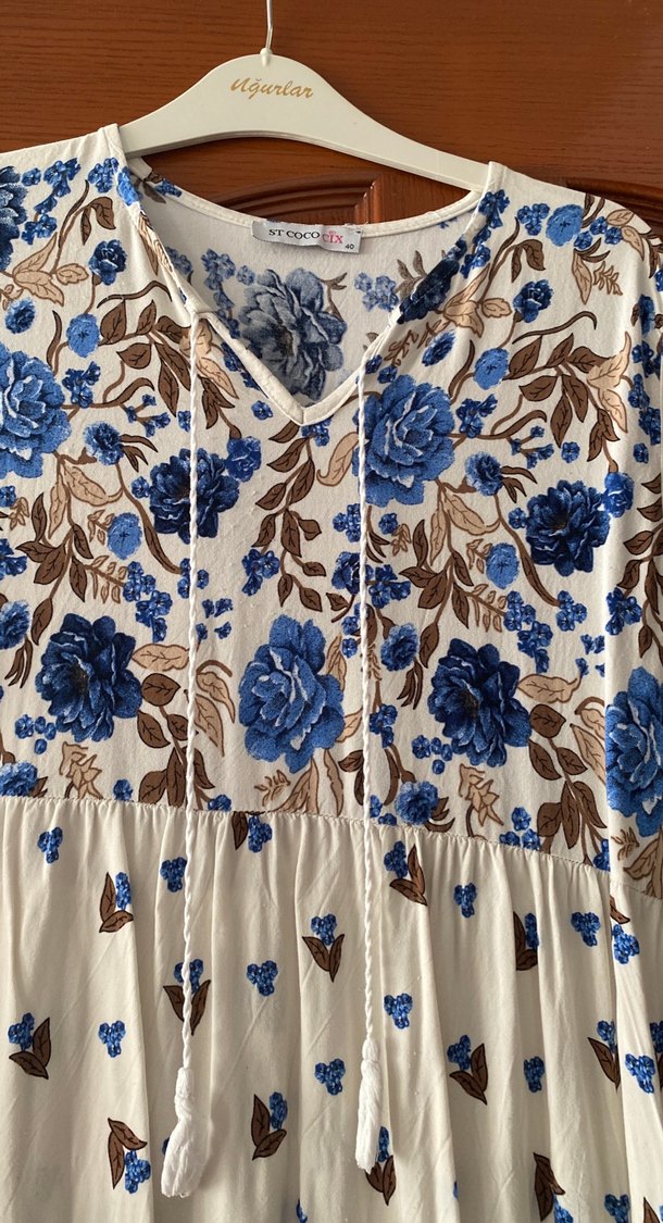 Mavi Çiçek Desenli Uzun Bohem Elbise - Görsel 2