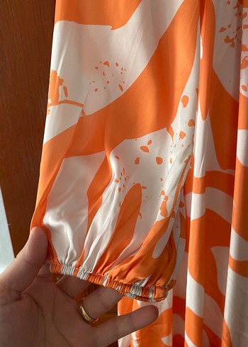 Uzun Kollu Turuncu Bohem Elbise - Görsel 2