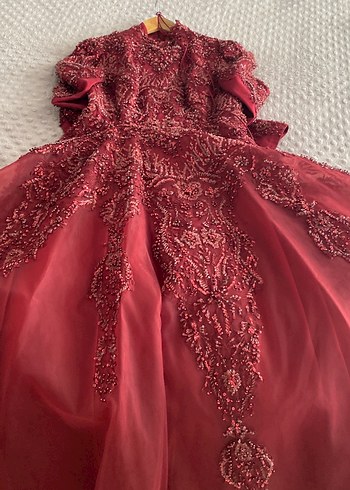 Bordo Desenli Uzun Kollu Straplez Kadın Elbise - Görsel 8