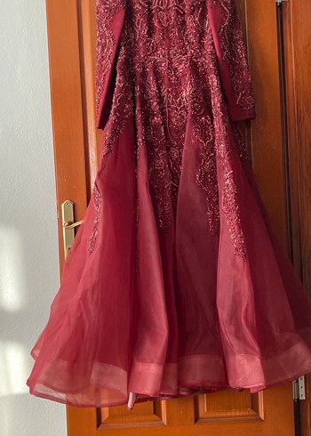 Bordo Desenli Uzun Kollu Straplez Kadın Elbise - Görsel 4