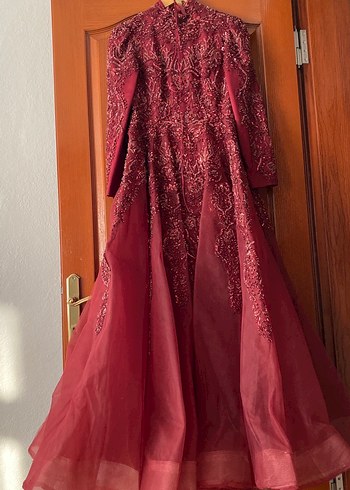 Bordo Desenli Uzun Kollu Straplez Kadın Elbise - Görsel 2