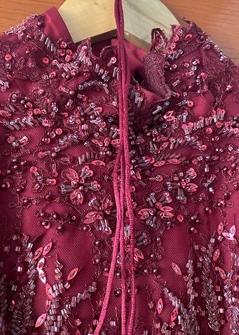 Bordo Desenli Uzun Kollu Straplez Kadın Elbise - Görsel 6