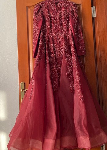 Bordo Desenli Uzun Kollu Straplez Kadın Elbise - Görsel 3