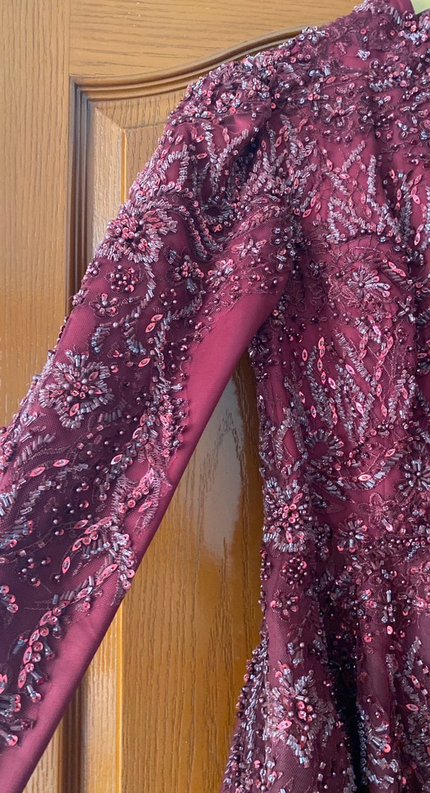 Bordo Desenli Uzun Kollu Straplez Kadın Elbise - Görsel 5