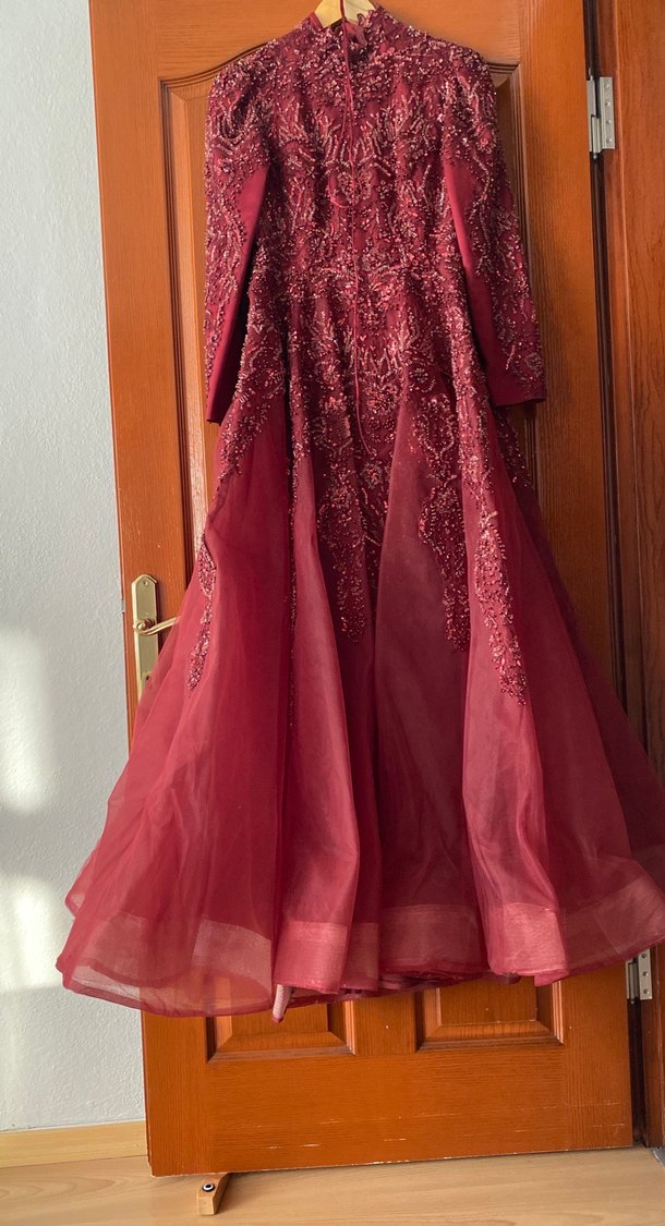 Bordo Desenli Uzun Kollu Straplez Kadın Elbise - Görsel 4