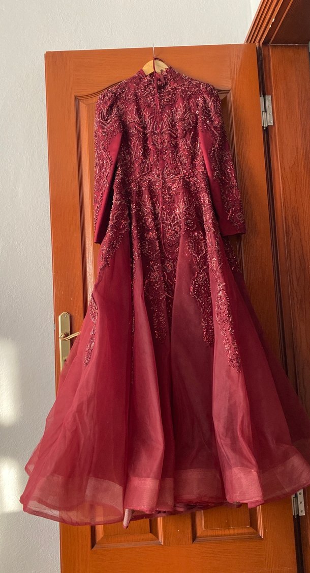 Bordo Desenli Uzun Kollu Straplez Kadın Elbise - Görsel 2