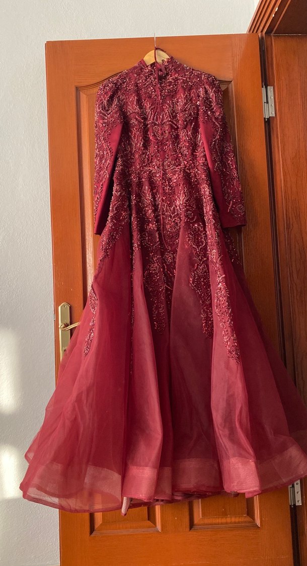 Bordo Desenli Uzun Kollu Straplez Kadın Elbise - Görsel 3