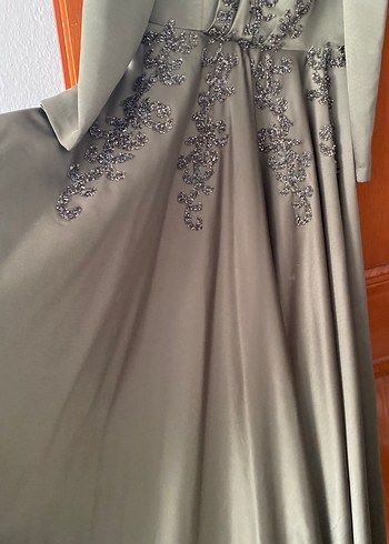 Nakışlı Gri Uzun Kollu Kadın Abiye Elbise - Görsel 4