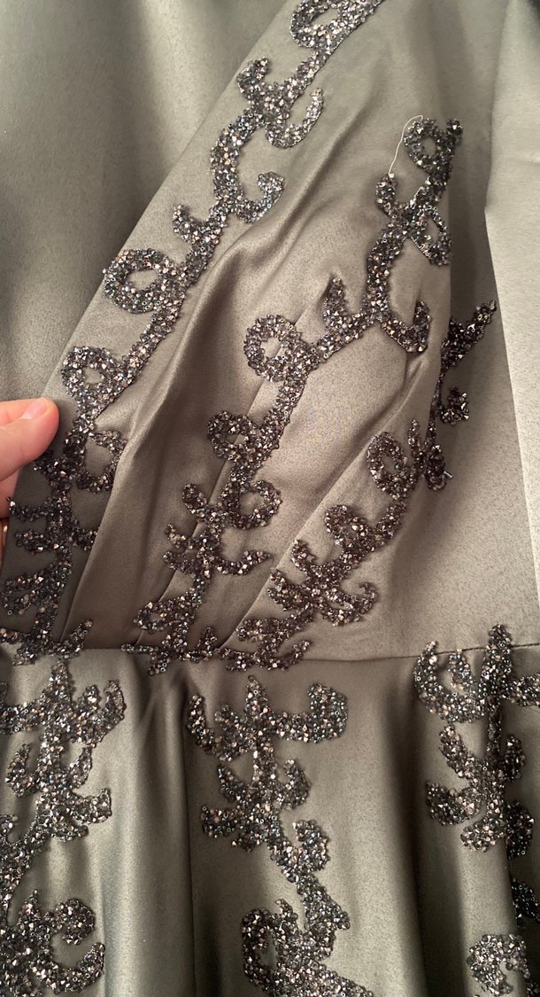 Nakışlı Gri Uzun Kollu Kadın Abiye Elbise - Görsel 2