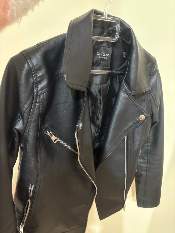 Siyah Deri Kemerli Biker Ceket - Görsel 4