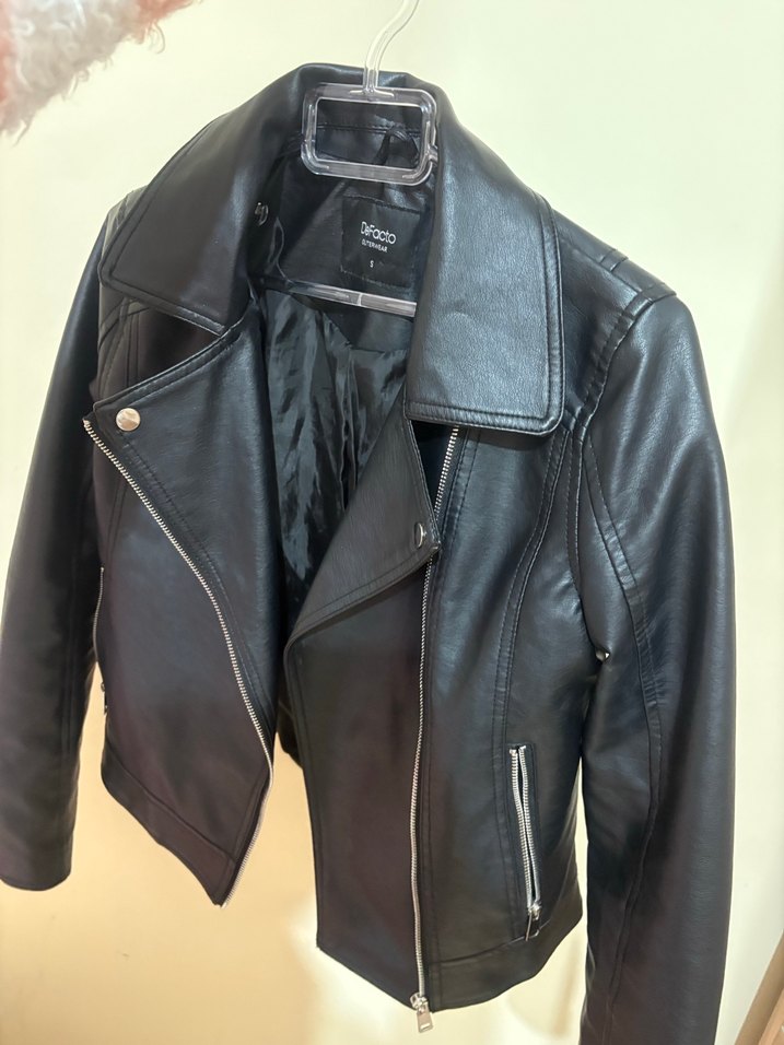 Siyah Deri Kemerli Biker Ceket - Görsel 3