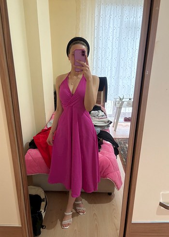 Pembe V Yaka Midi Drapeli Elbise - Görsel 3