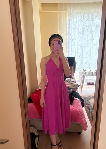 Pembe V Yaka Midi Drapeli Elbise - Görsel 5