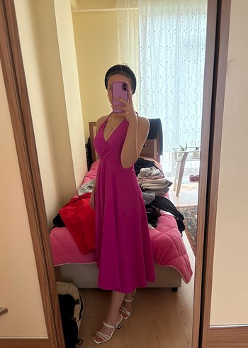 Pembe V Yaka Midi Drapeli Elbise - Görsel 2