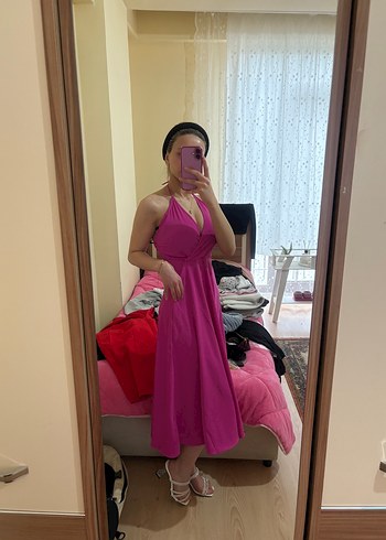 Pembe V Yaka Midi Drapeli Elbise - Görsel 4