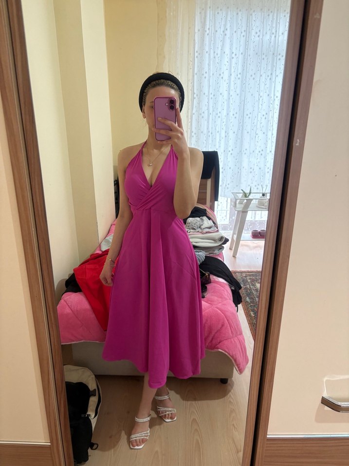 Pembe V Yaka Midi Drapeli Elbise - Görsel 3