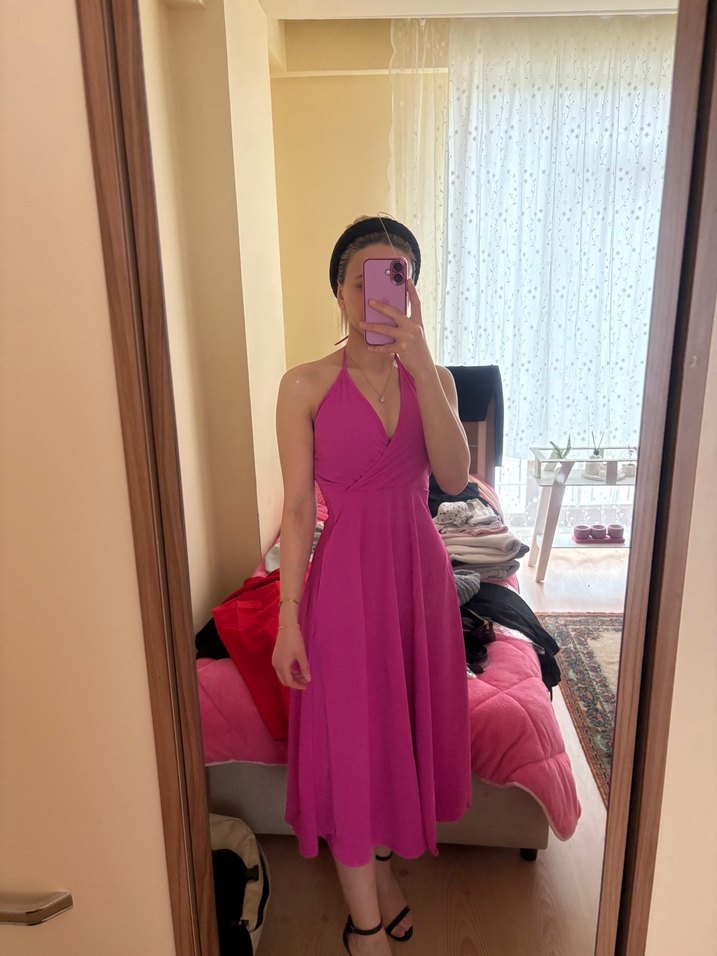 Pembe V Yaka Midi Drapeli Elbise - Görsel 5