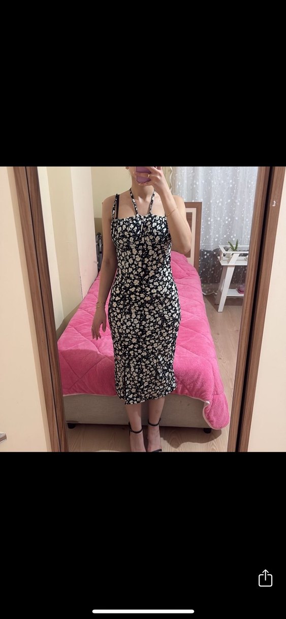 Siyah Bağlamalı Midi  Detaylı Elbise - Görsel 2