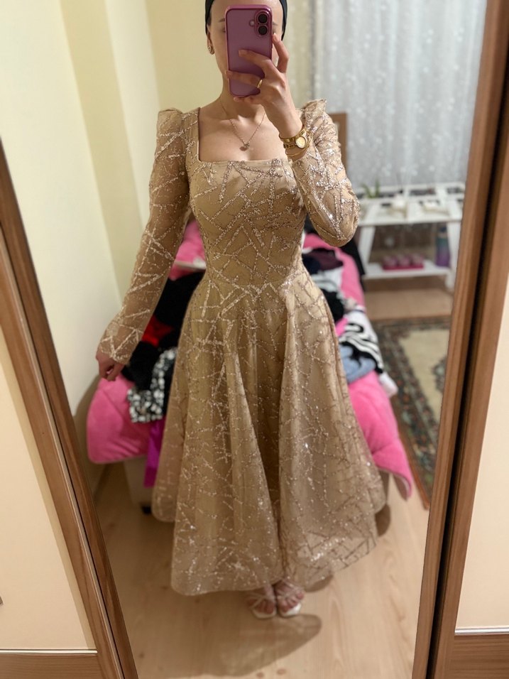 Bej Straplez Dantel Uzun Abiye Elbise - Görsel 2