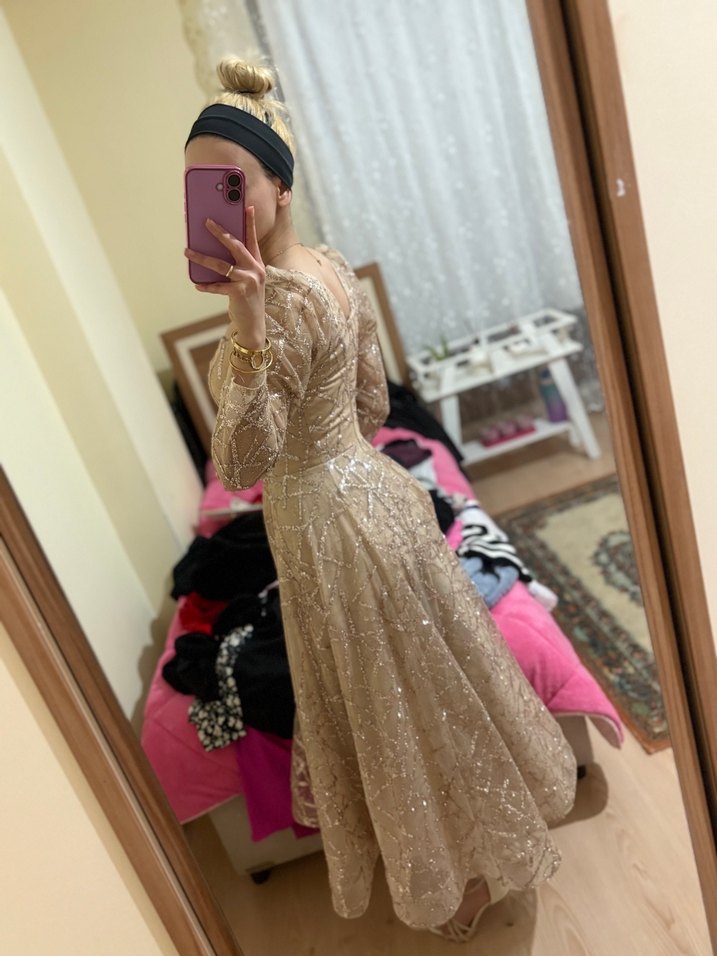 Bej Straplez Dantel Uzun Abiye Elbise - Görsel 4