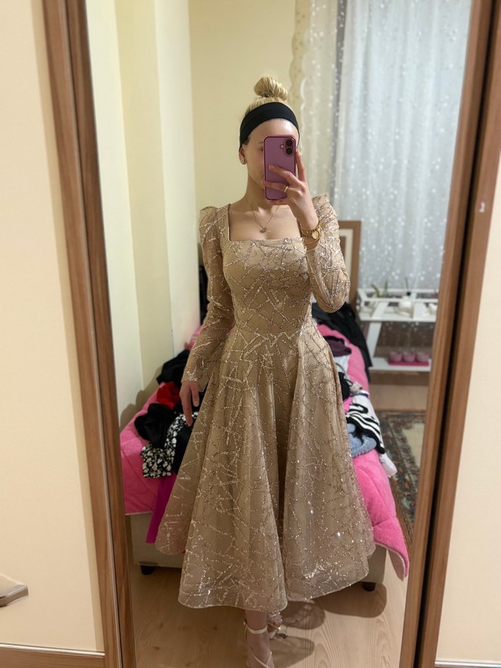 Bej Straplez Dantel Uzun Abiye Elbise - Görsel 3