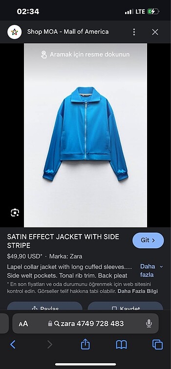 ZARA MAVİ CEKET