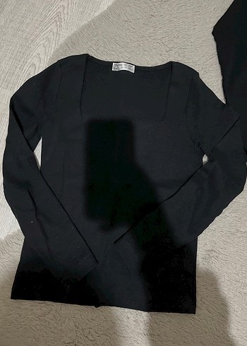 Siyah Pamuklu Uzun Kollu kare yaka Kadın Bluz - Görsel 2