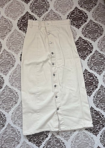 Düğmeli Pamuklu Uzun krem Etek - Görsel 4