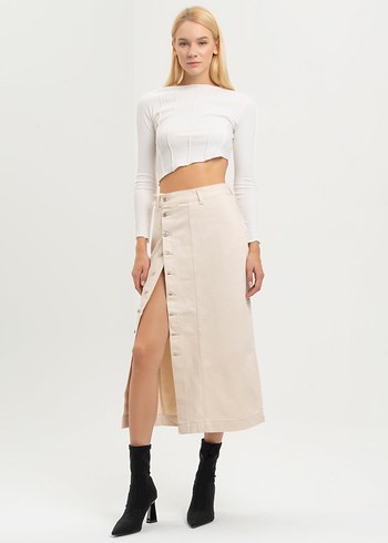 Düğmeli Pamuklu Uzun krem Etek - Görsel 3