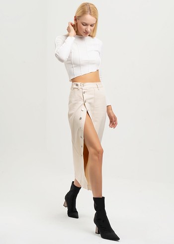 Düğmeli Pamuklu Uzun krem Etek - Görsel 2