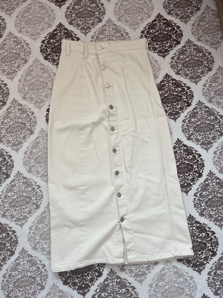 Düğmeli Pamuklu Uzun krem Etek - Görsel 4