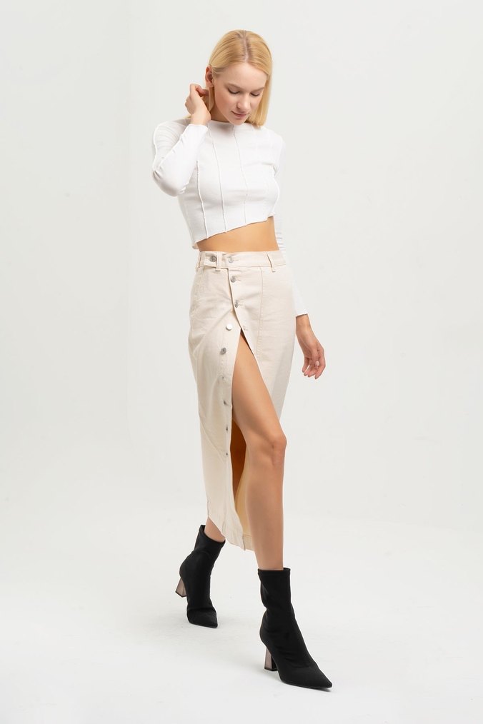 Düğmeli Pamuklu Uzun krem Etek - Görsel 2