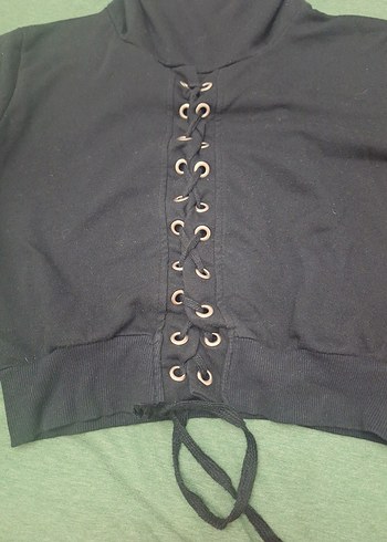 s Beden Siyah Yüksek Yakalı Bağcıklı Kadın Sweatshirt