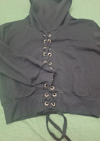 Diğer Siyah Yüksek Yakalı Bağcıklı Kadın Sweatshirt