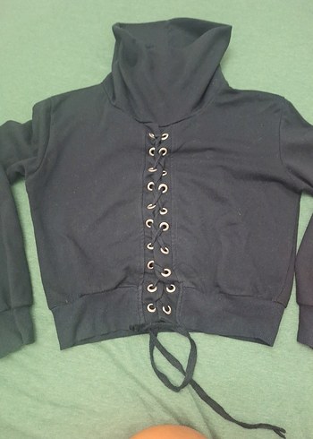 s Beden siyah Renk Siyah Yüksek Yakalı Bağcıklı Kadın Sweatshirt