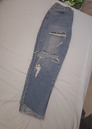 Gevşek Kesim Kadın Mavi Yırtık Kot Pantolon - Görsel 6