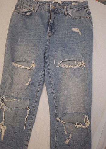 Gevşek Kesim Kadın Mavi Yırtık Kot Pantolon - Görsel 5