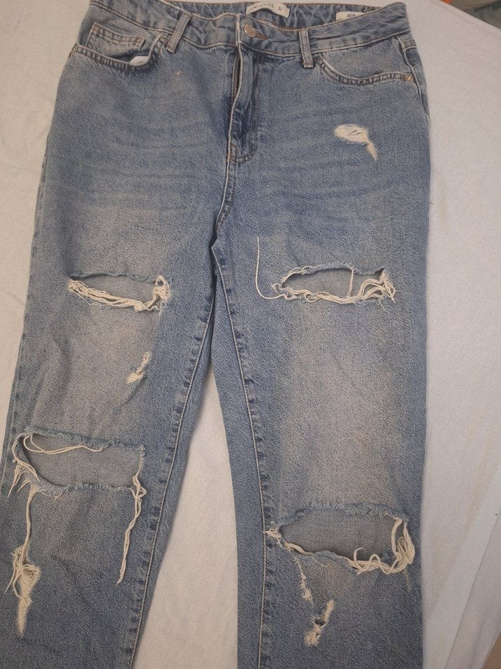 Gevşek Kesim Kadın Mavi Yırtık Kot Pantolon - Görsel 5