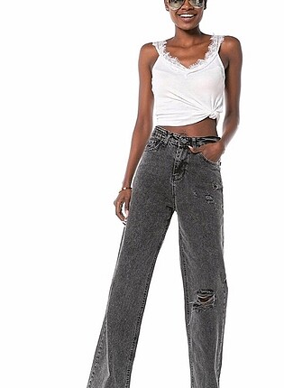 Yırtıklı wide leg bol paça
