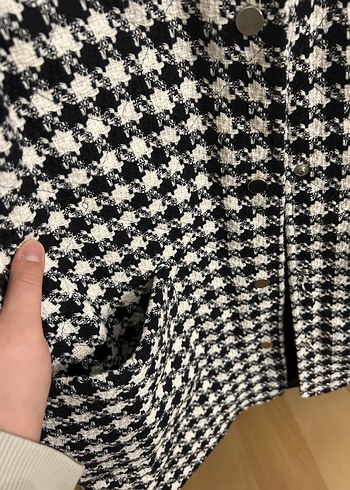ZARA Düğmeli Beyaz Siyah Kareli Midi Kadın Kaban - Görsel 2
