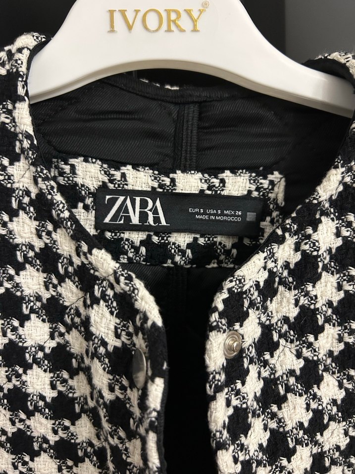 ZARA Düğmeli Beyaz Siyah Kareli Midi Kadın Kaban - Görsel 3